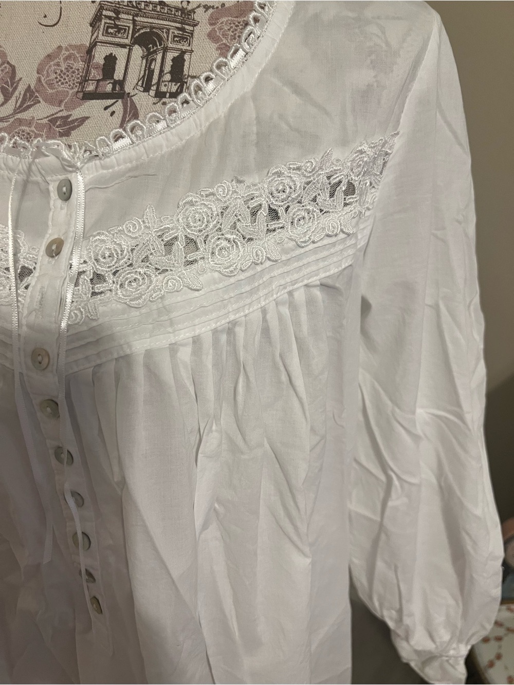Eileen West Women's White Cotton Nightgown with Lace Yoke - Picture 3 of 5
